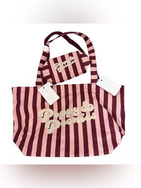 Poppy & Peonies Pink & Burgundy Striped Cotton Weekend Tote with Matching Pouch